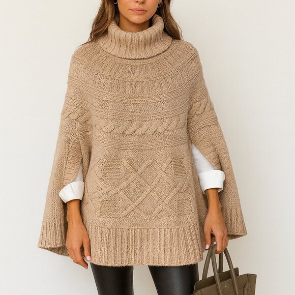 NWOT Luxury Italy Cocogio Taupe Cable Knit Cowl Neck Pullover Poncho Sweater - Picture 1 of 9